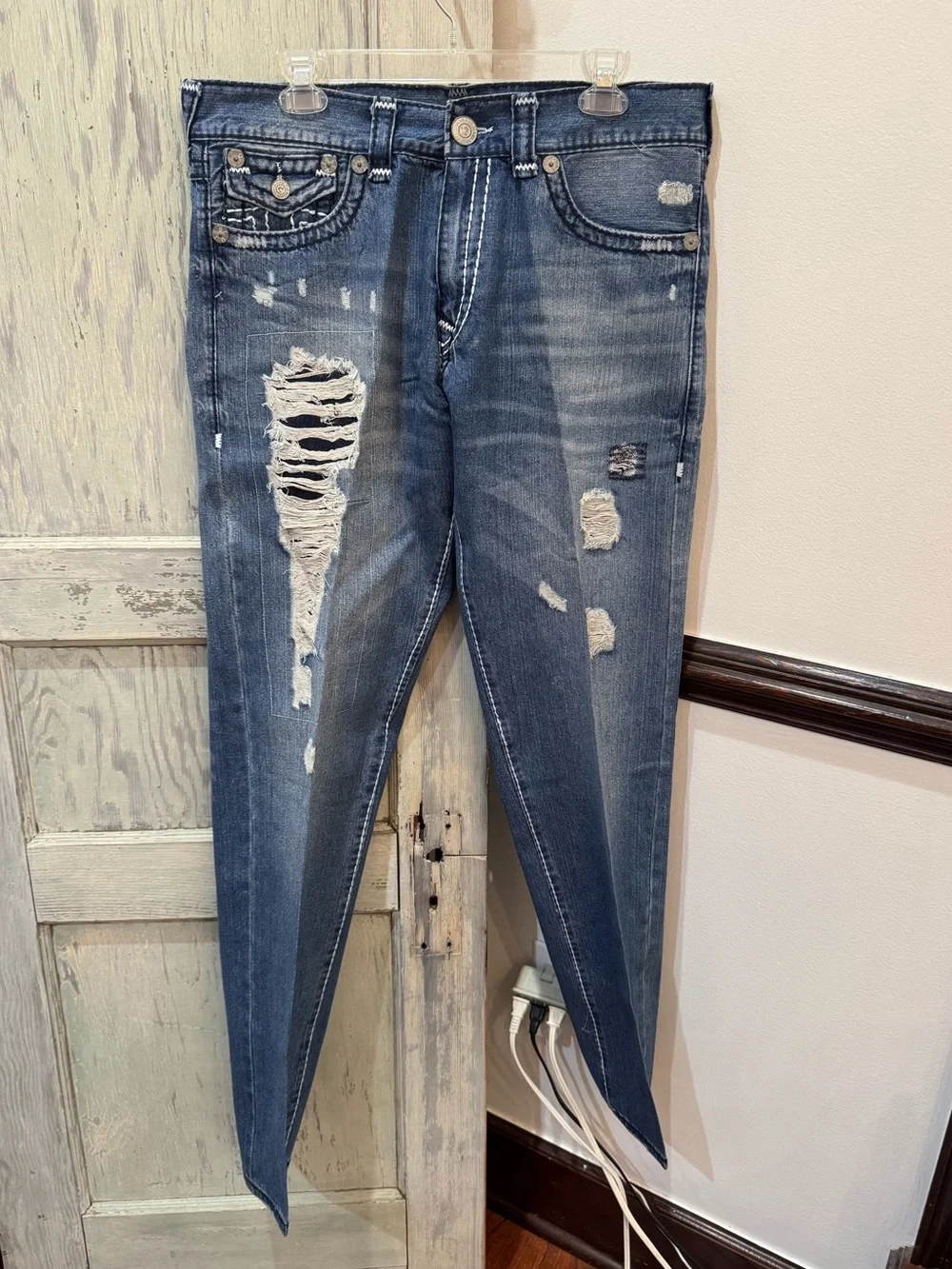 True Religion Mens Jeans Size 36 Dark Wash Starched Straight Distressed